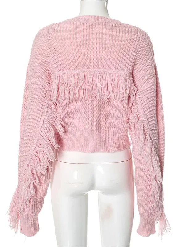 Wool Solid Color Tassel Cropped Sweater