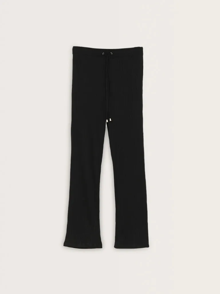 Wunderlove Black Ribbed Textured Mid-Rise Pants