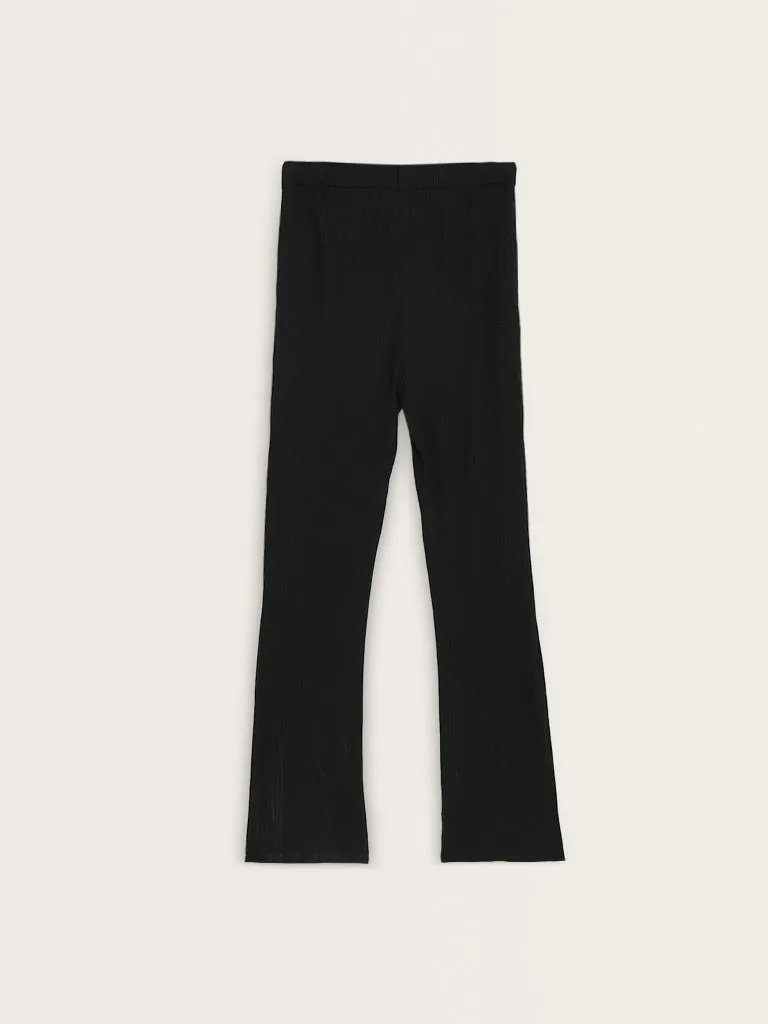 Wunderlove Black Ribbed Textured Mid-Rise Pants