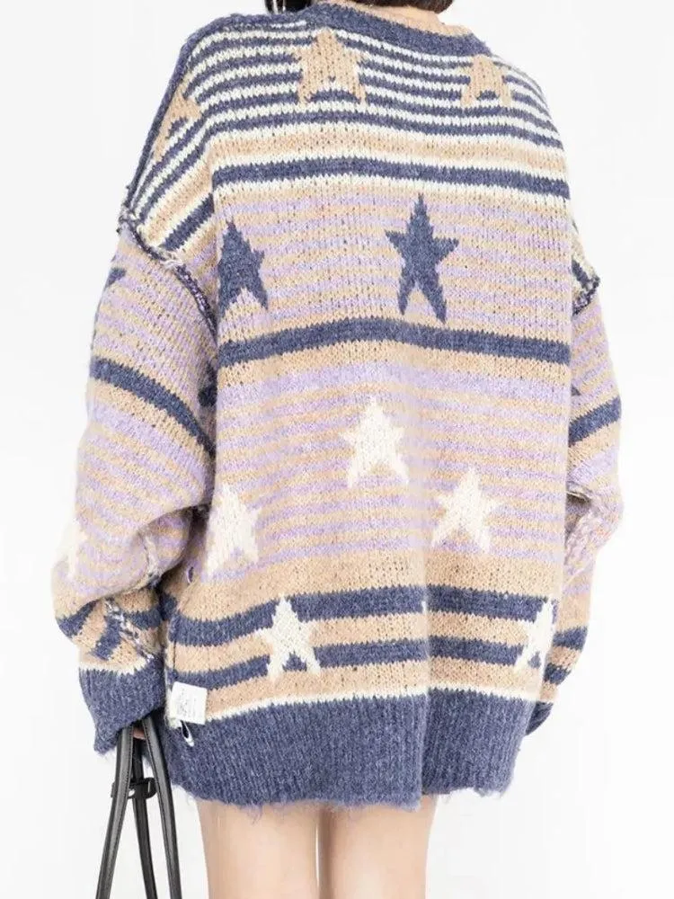 Y2K Vintage Stars Striped Knitted Sweater